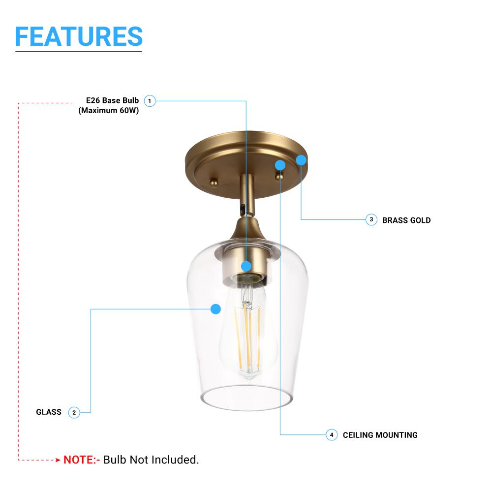 Brass Gold Semi-Flush Mount Light with Bell Shape Clear Glass Shade, E26 Base, Damp Location, Ceiling Mounting, UL Listed