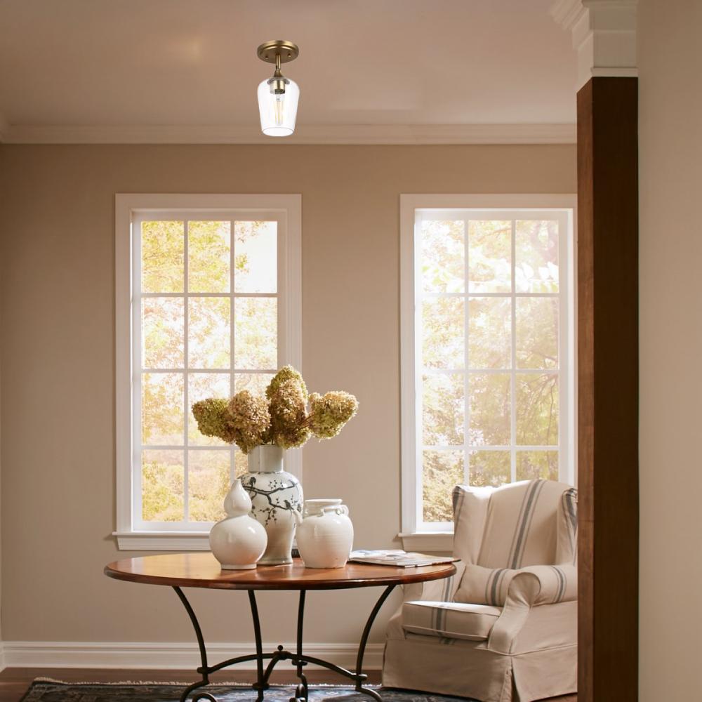 Brass Gold Semi-Flush Mount Light with Bell Shape Clear Glass Shade, E26 Base, Damp Location, Ceiling Mounting, UL Listed