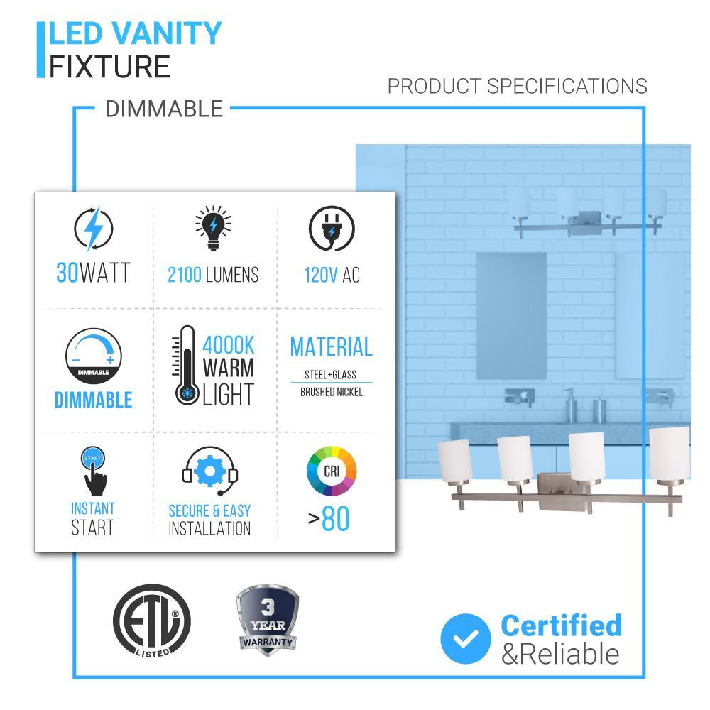 Brushed Nickel Bathroom Light Fixtures with Opal Glass Shades, Wall Mount, 4000K (Cool White), Vanity Lighting, ETL Listed, Cylinder Shape Bath Bar Light