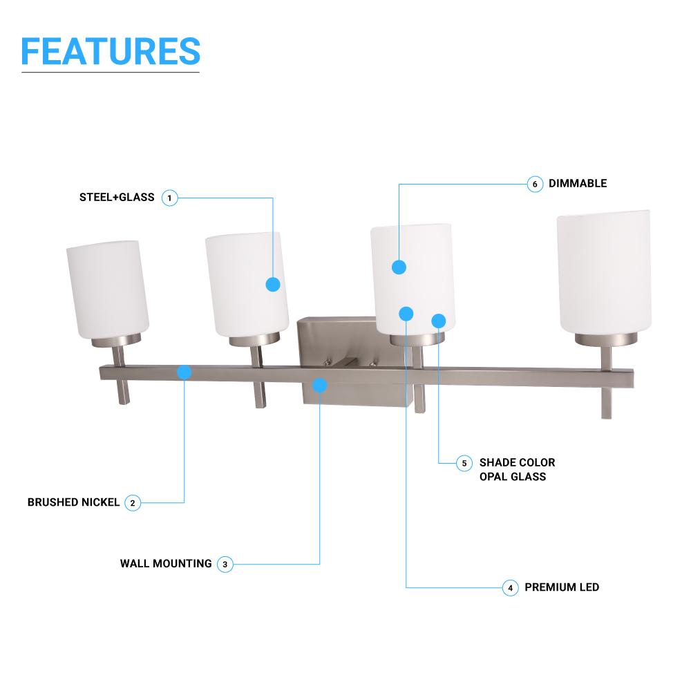 Brushed Nickel Bathroom Light Fixtures with Opal Glass Shades, Wall Mount, 4000K (Cool White), Vanity Lighting, ETL Listed, Cylinder Shape Bath Bar Light