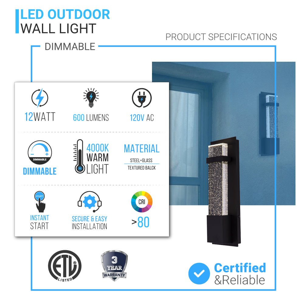 Bubble Glass LED Indoor Outdoor Wall Sconce Light, 12W, Dimmable, 4000K, 600lm, ETL Listed(Wet Location), For Front Door, Doorway, Foyer, Corridor, Balcony, Patio and Porch
