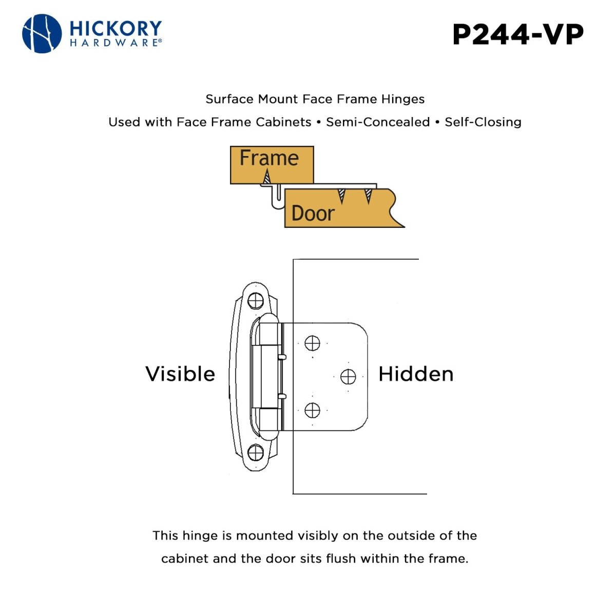 Cabinet Hinge Flush Surface Face Frame Self-Close (2 Hinges/Per Pack) - Hickory Hardware