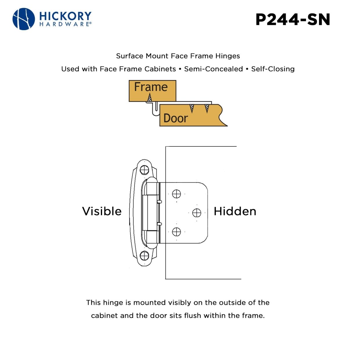 Cabinet Hinge Flush Surface Face Frame Self-Close (2 Hinges/Per Pack) - Hickory Hardware