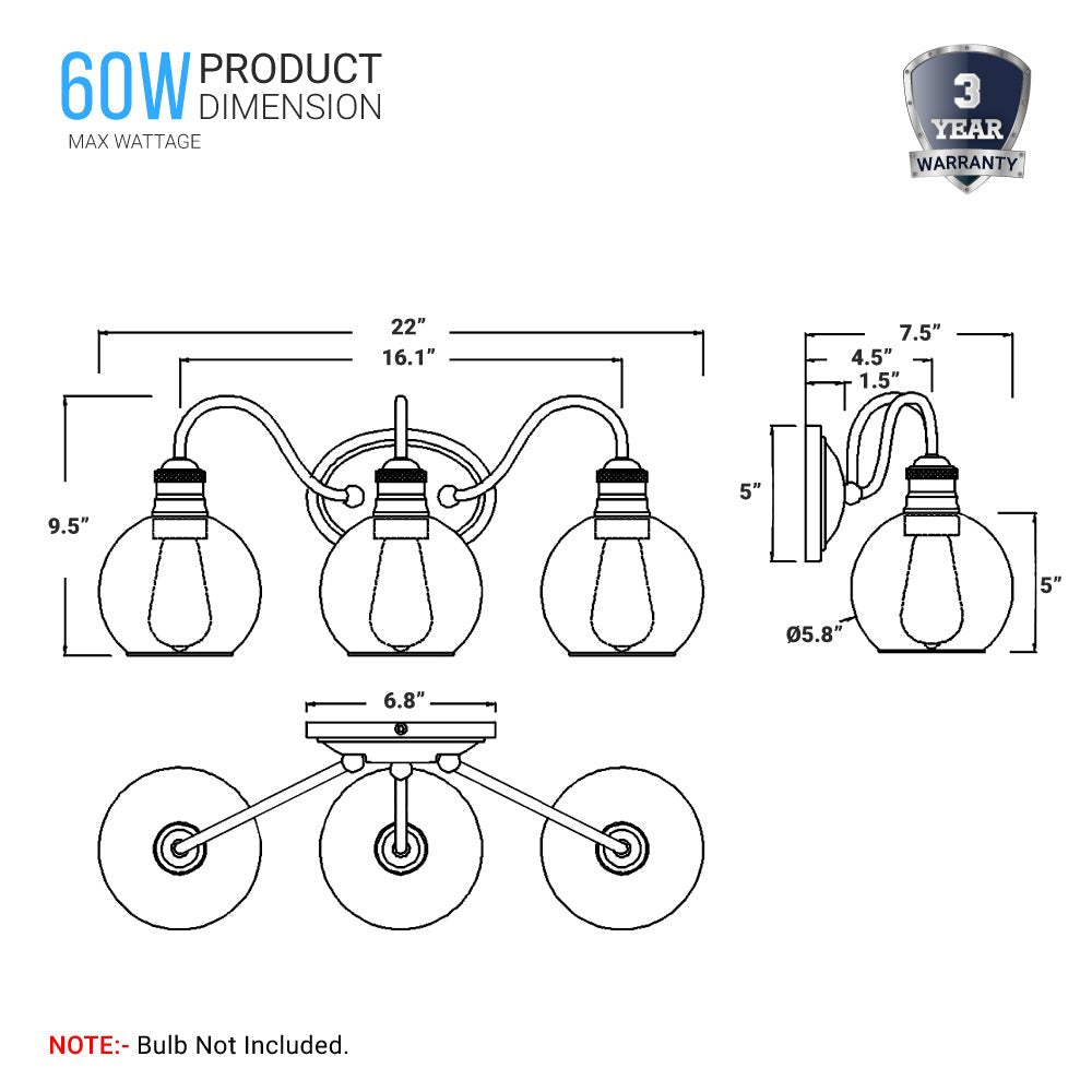 Clear Glass Bathroom Light Fixtures, Wall Mount, 2-Head/3-Head, E26 Base Brushed Nickel Finish, Vanity Lighting