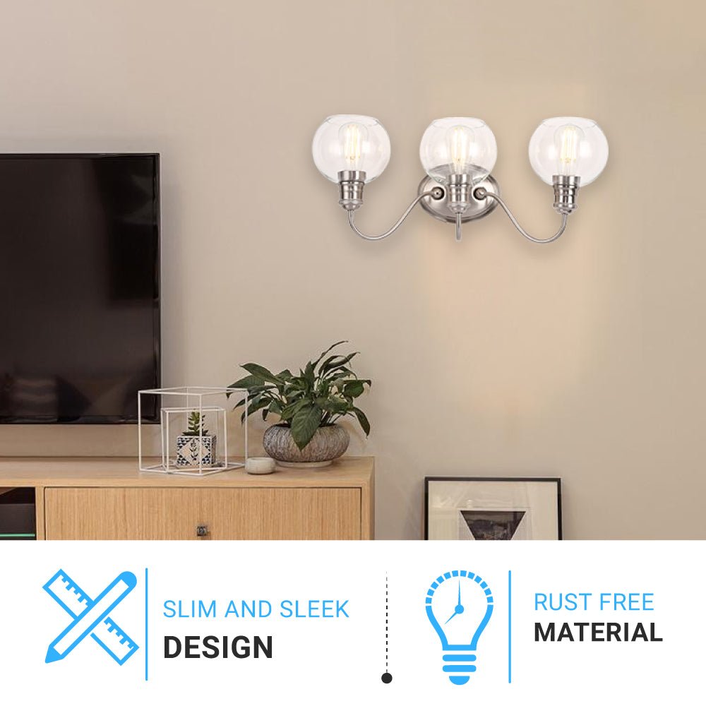 Clear Glass Bathroom Light Fixtures, Wall Mount, 2-Head/3-Head, E26 Base Brushed Nickel Finish, Vanity Lighting