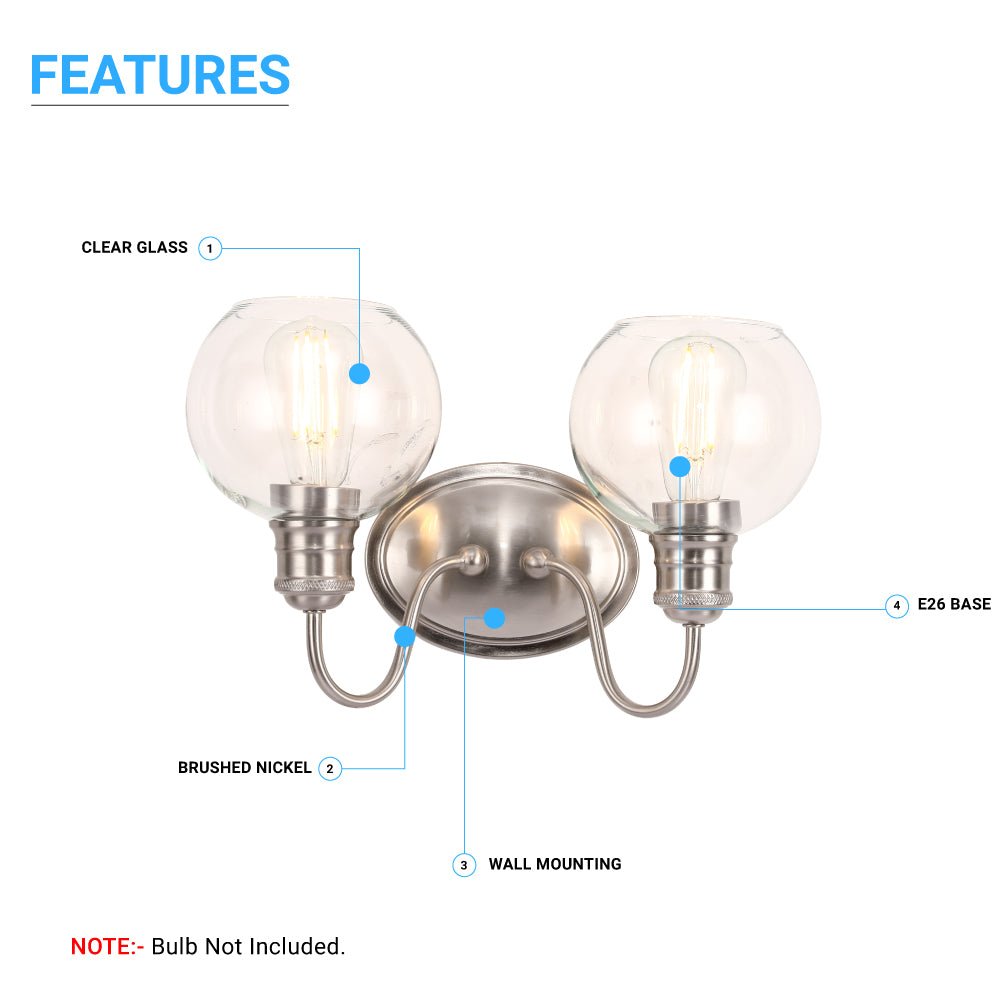 Clear Glass Bathroom Light Fixtures, Wall Mount, 2-Head/3-Head, E26 Base Brushed Nickel Finish, Vanity Lighting