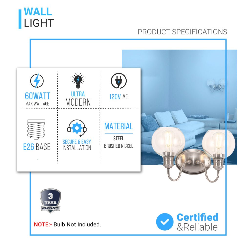 Clear Glass Bathroom Light Fixtures, Wall Mount, 2-Head/3-Head, E26 Base Brushed Nickel Finish, Vanity Lighting