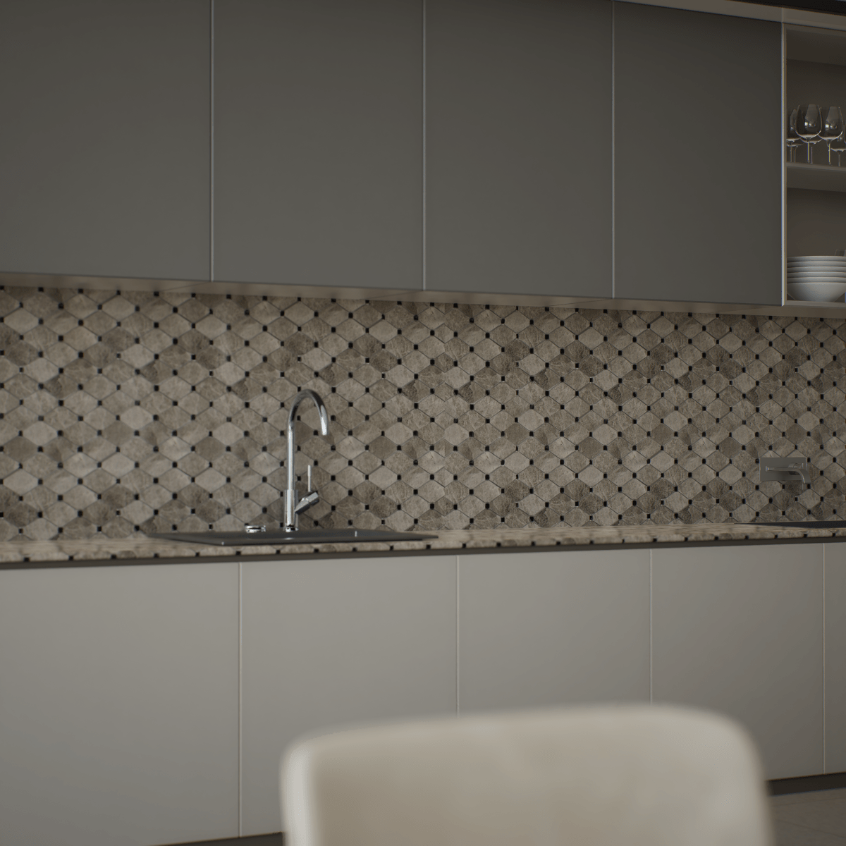 Clipped Diamond Phantasie Gray Polished Marble Mosaic