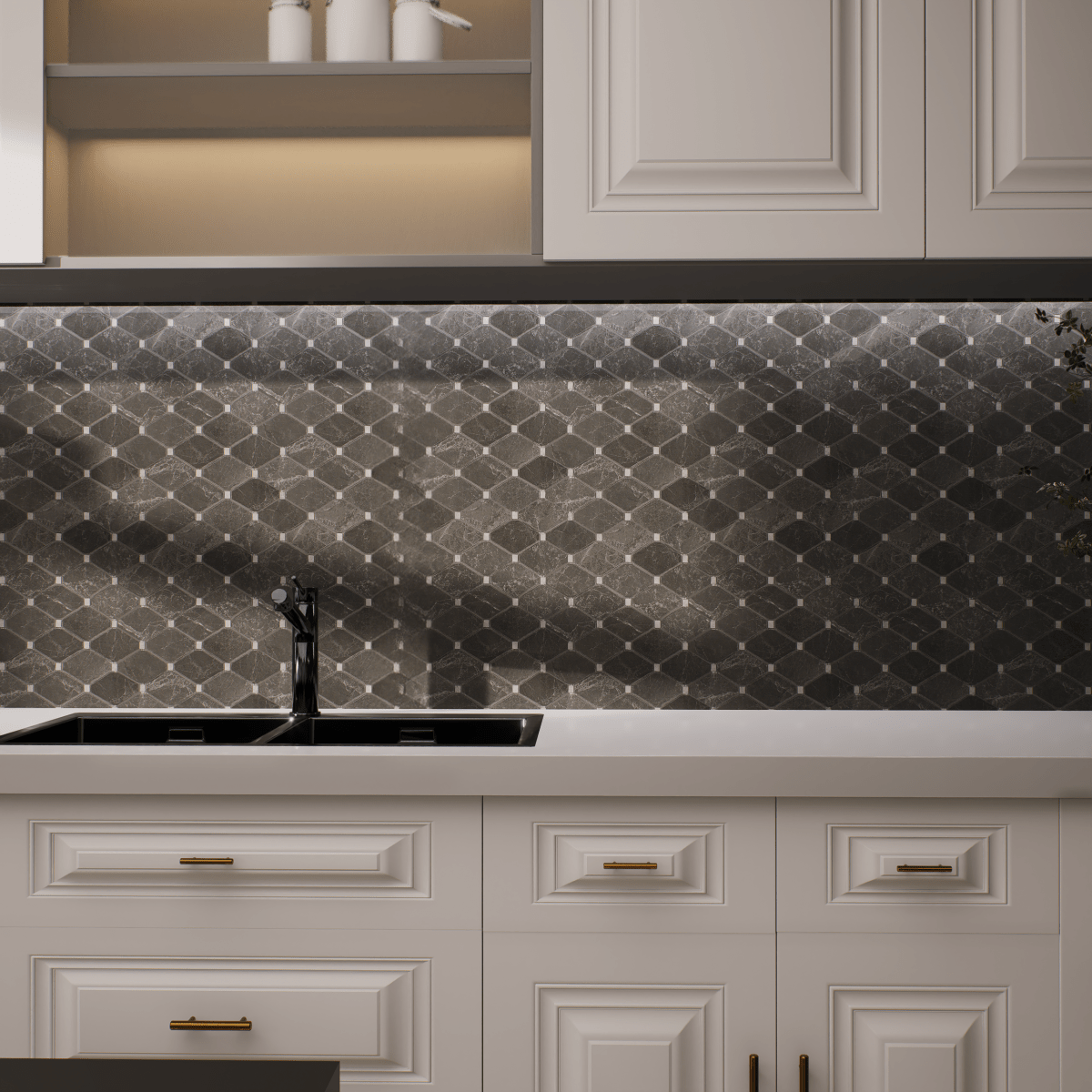 Clipped Diamond Stark Carbon Polished Marble Mosaic