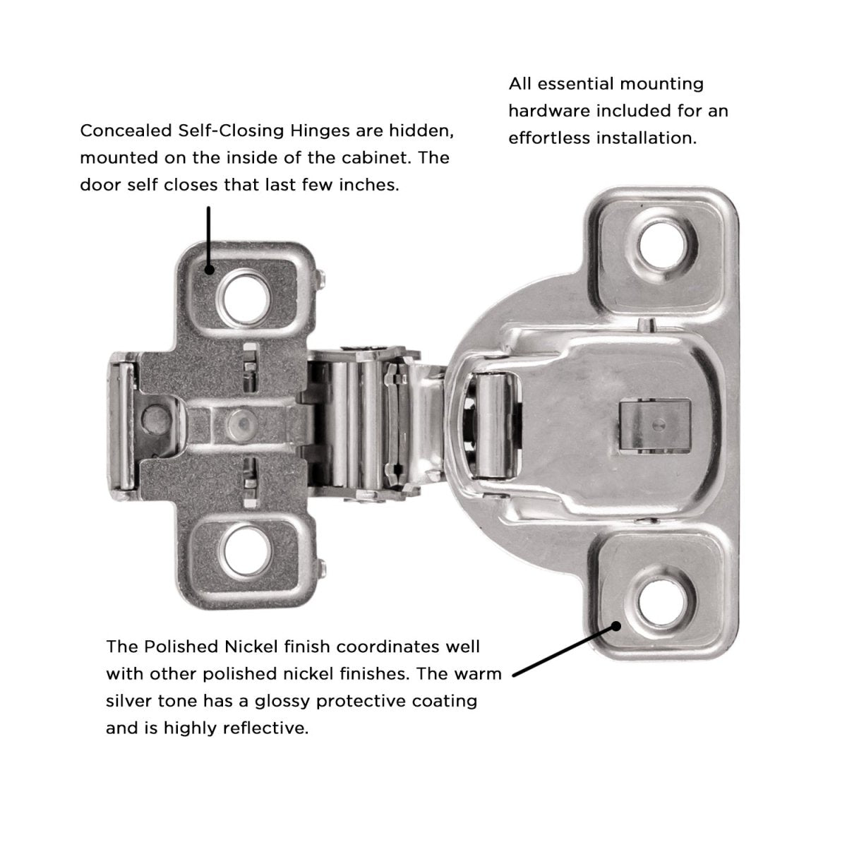 Concealed Door Hinges 1-3/8 Inch Overlay Face Frame Self-Close (2 Hinges/Per Pack) in Polished Nickel - Hickory Hardware