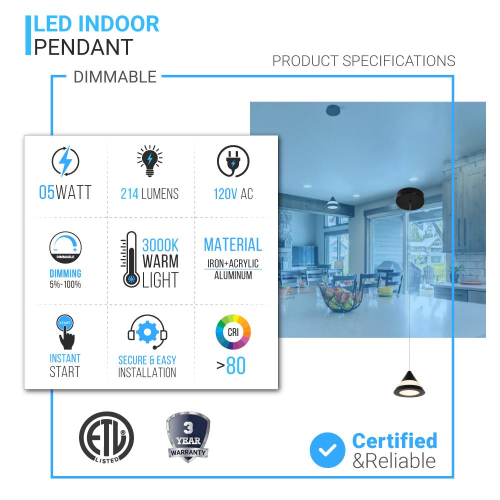 Cone Pendant Lighting, 5W, 3000K (Warm White), Dimmable, Hanging Lights,