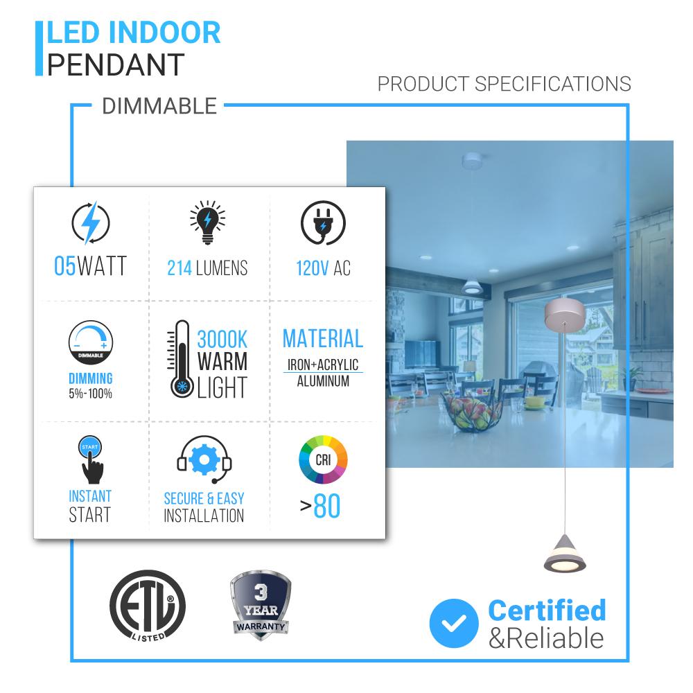 Cone Pendant Lighting, 5W, 3000K (Warm White), Dimmable, Hanging Lights,
