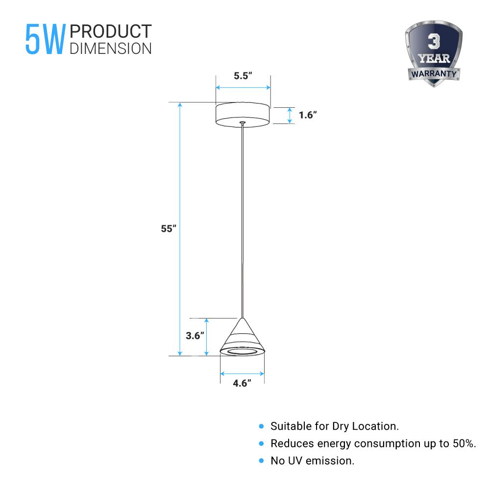 Cone Pendant Lighting, 5W, 3000K (Warm White), Dimmable, Hanging Lights,