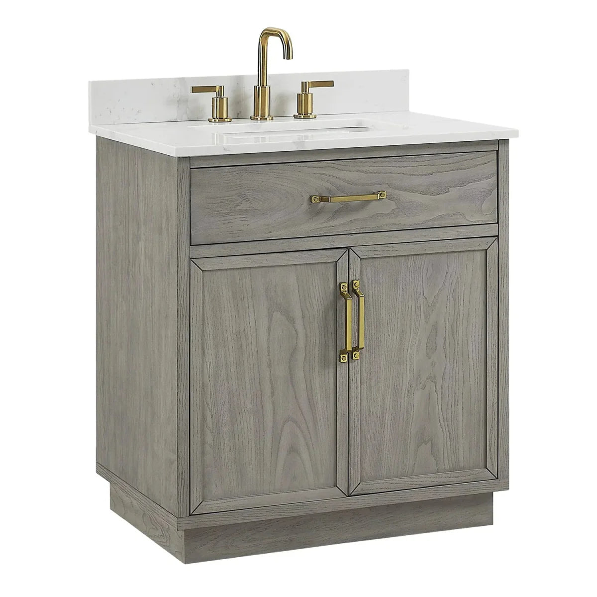 Denton 30 In. Freestanding Solid Wood Bathroom Vanity With Calacatta Quartz Sink Top with 4 In. Backsplash in Nature Elm Finish