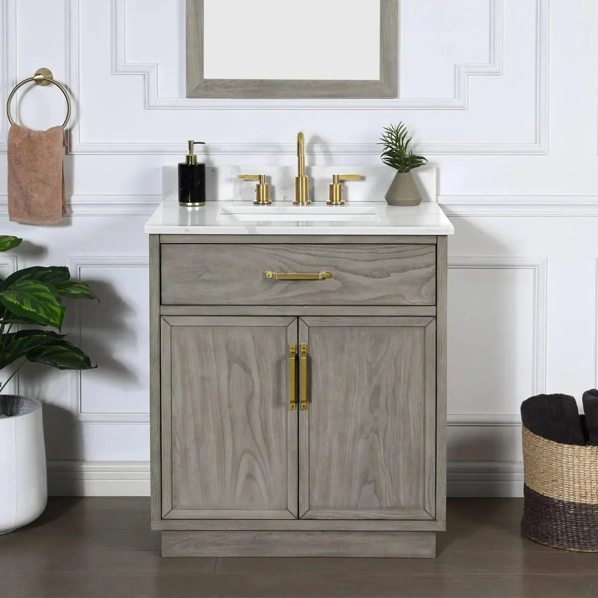 Denton 30 In. Freestanding Solid Wood Bathroom Vanity With Calacatta Quartz Sink Top with 4 In. Backsplash in Nature Elm Finish