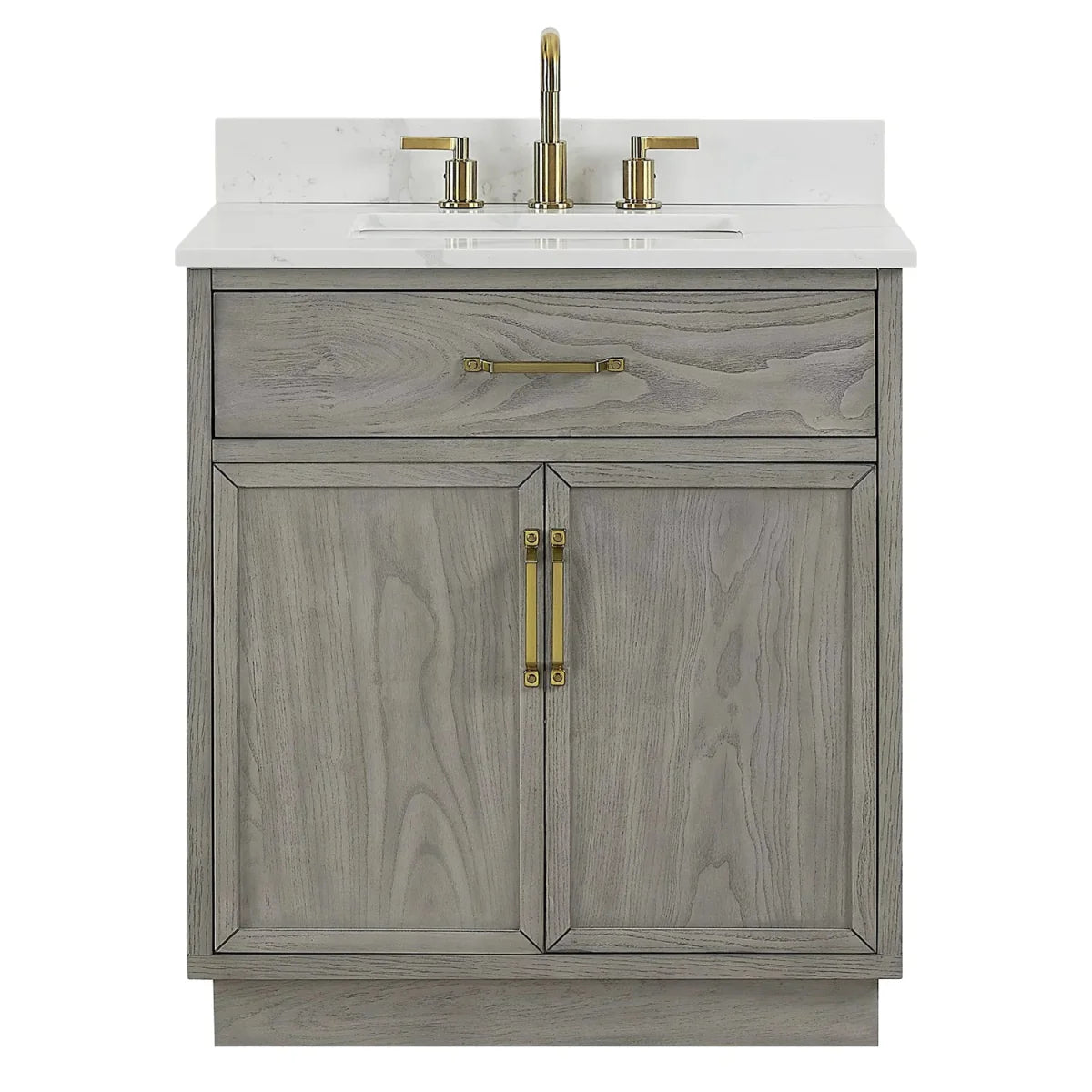 Denton 30 In. Freestanding Solid Wood Bathroom Vanity With Calacatta Quartz Sink Top with 4 In. Backsplash in Nature Elm Finish