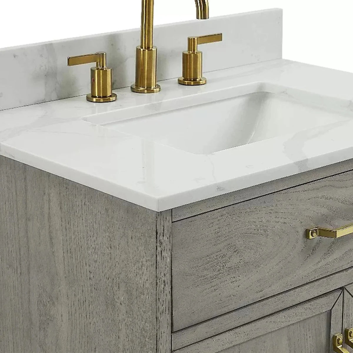 Denton 30 In. Freestanding Solid Wood Bathroom Vanity With Calacatta Quartz Sink Top with 4 In. Backsplash in Nature Elm Finish