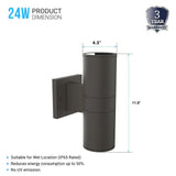 LED Up & Down Lights Outdoor, Cylinder, 12WX2, AC100- 277V, 80-90 Lm/W, IP65, Light Bronze Finish, Double Side