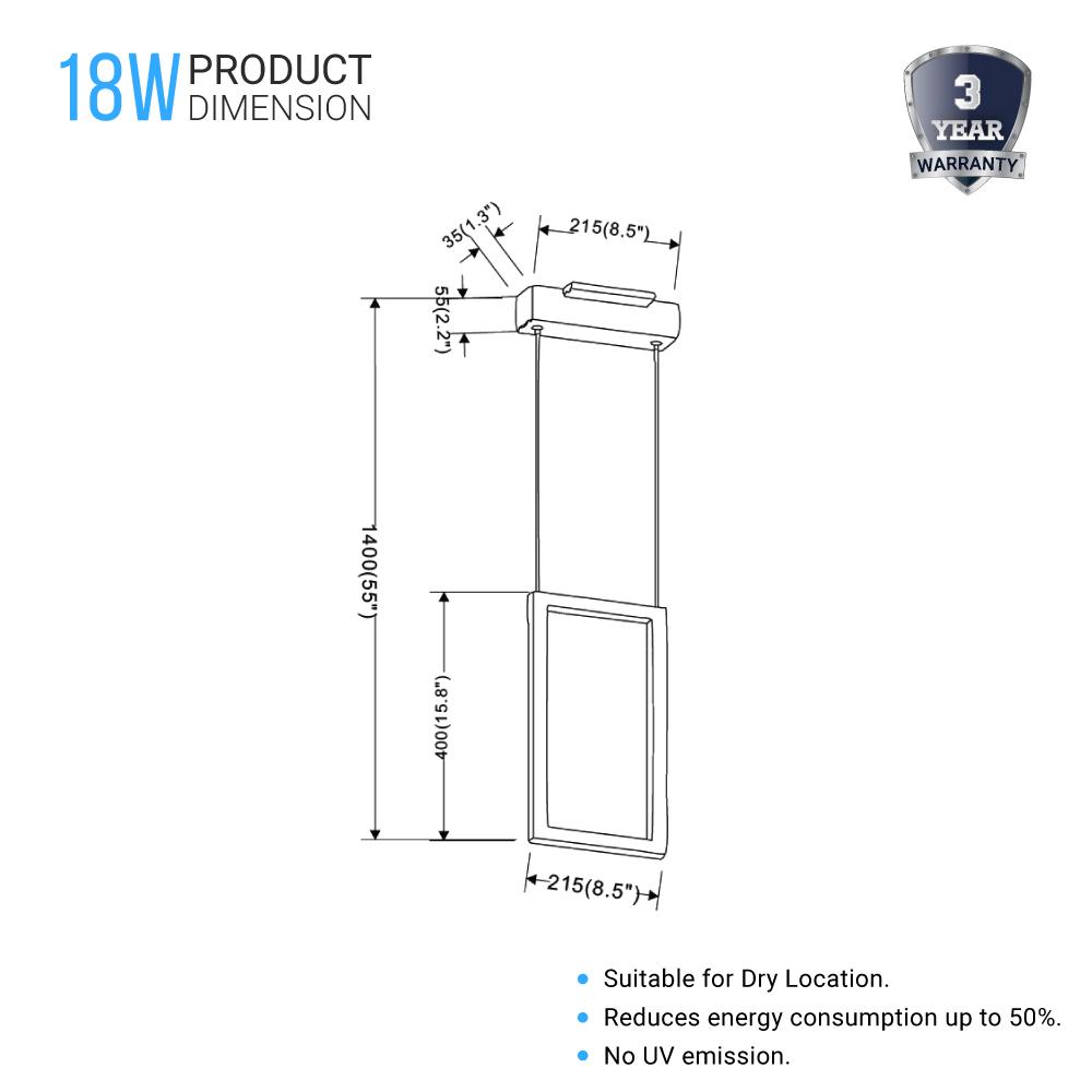 Dimmable LED Rectangle Pendant Chandelier Ceiling Light Fixture, 18W, 3000K, 900LM, For Living Room Dining Room Office Room