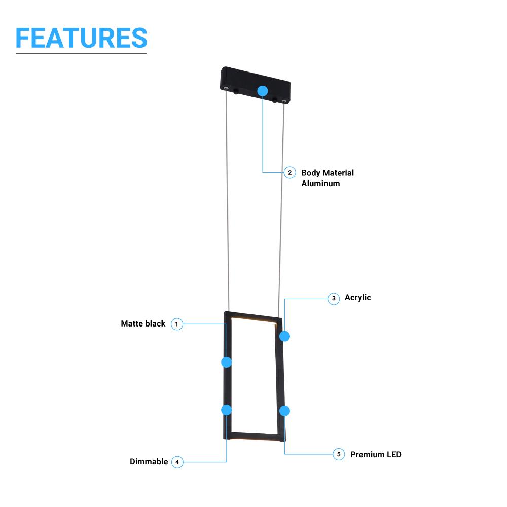 Dimmable LED Rectangle Pendant Chandelier Ceiling Light Fixture, 18W, 3000K, 900LM, For Living Room Dining Room Office Room