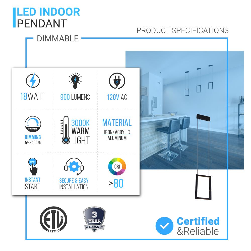 Dimmable LED Rectangle Pendant Chandelier Ceiling Light Fixture, 18W, 3000K, 900LM, For Living Room Dining Room Office Room
