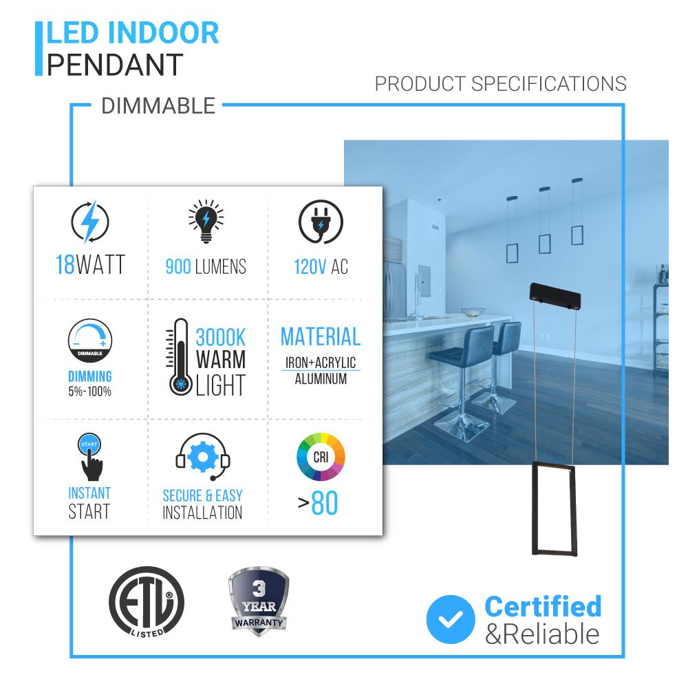 Dimmable LED Rectangle Pendant Chandelier Ceiling Light Fixture, 18W, 3000K, 900LM, For Living Room Dining Room Office Room