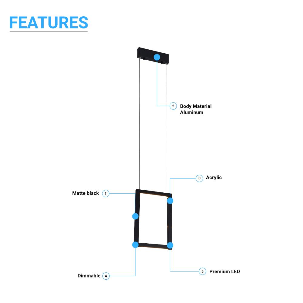 Dimmable LED Rectangle Pendant Chandelier Ceiling Light Fixture, 18W, 3000K, 900LM, For Living Room Dining Room Office Room