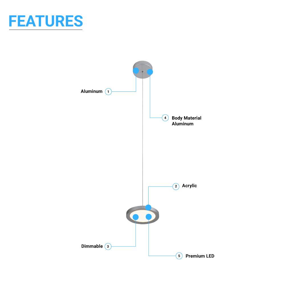 Disk Architectural, LED 5.5 Inch Round Pendant Mount Direct Down Light Fixture, 12W, 3000K, Dimmable