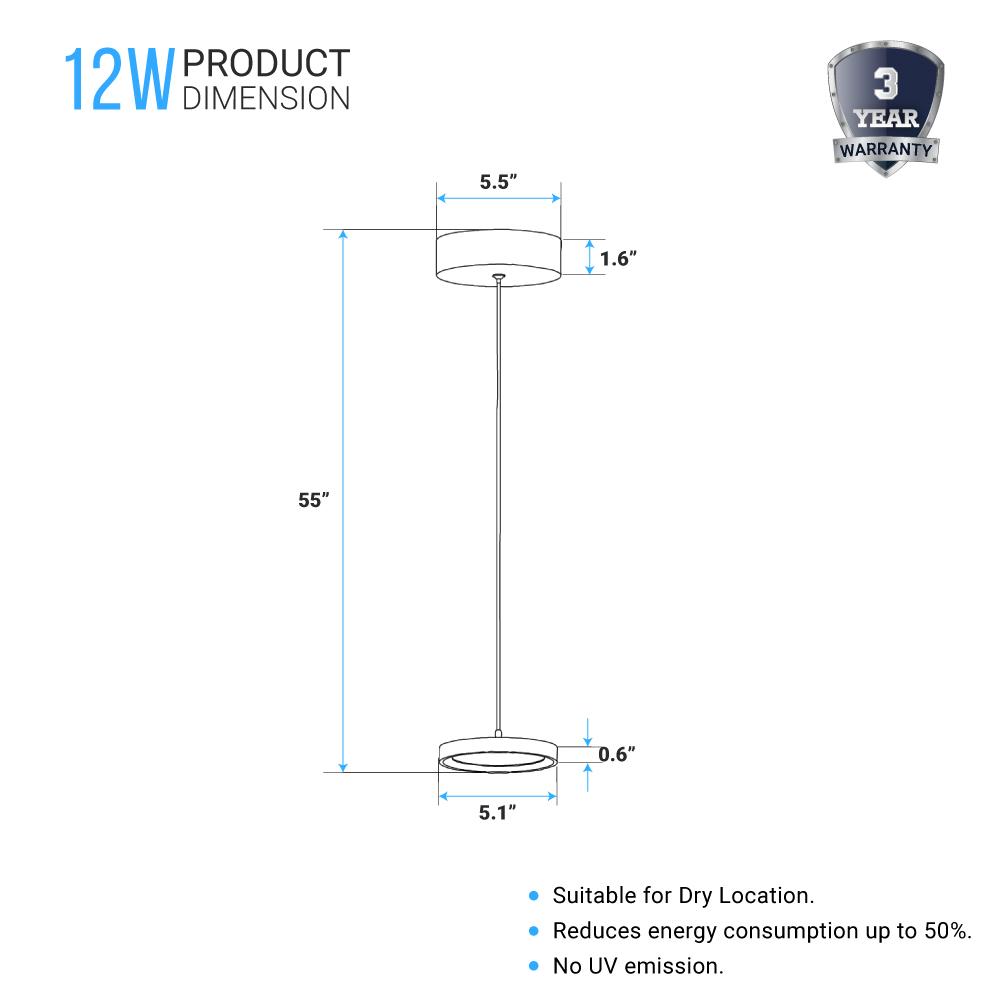 Disk Architectural, LED 5.5 Inch Round Pendant Mount Direct Down Light Fixture, 12W, 3000K, Dimmable