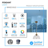 Dome Shape Brass Gold Pendant Light with Clear Glass Shade, E26 Base, UL Listed for Damp Location