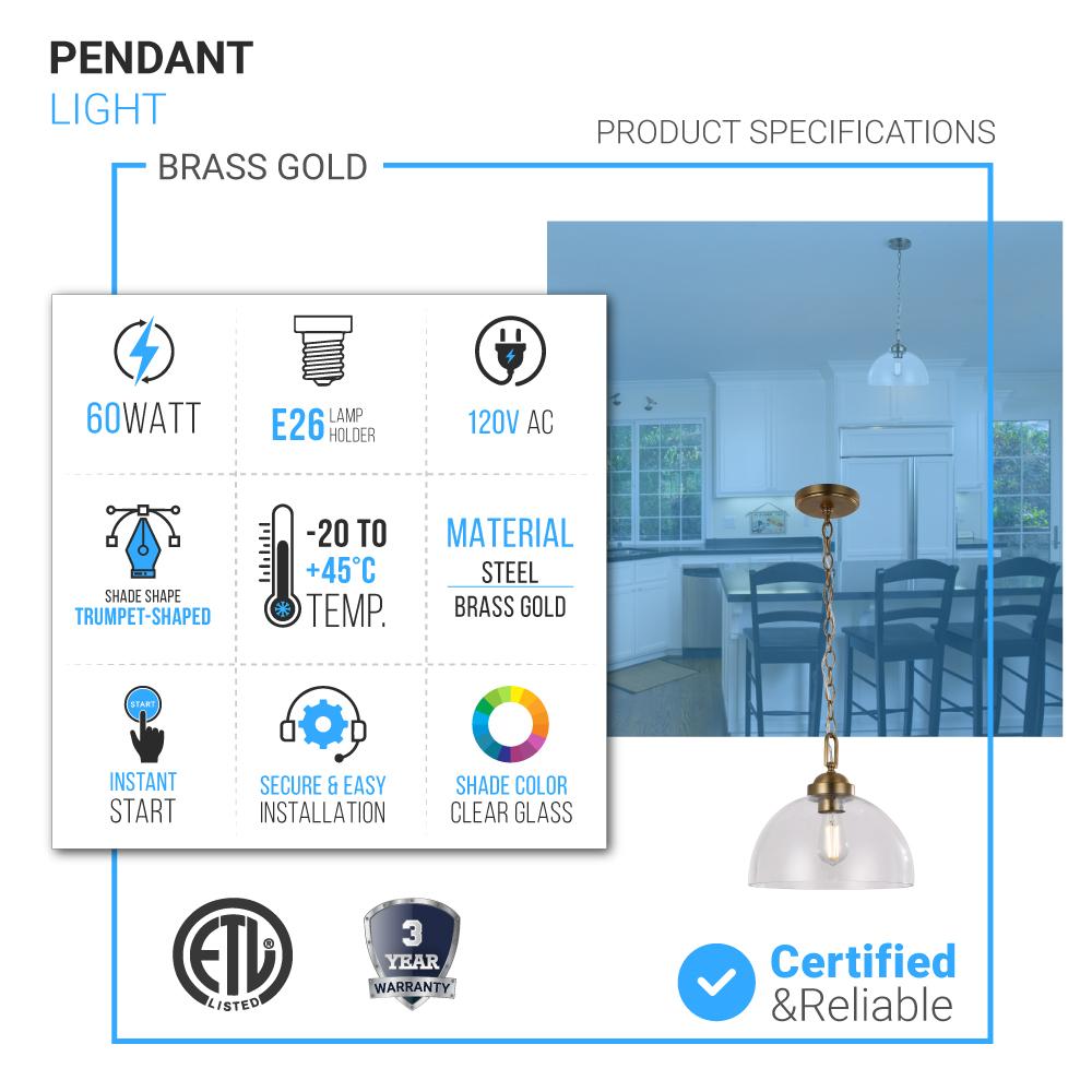 Dome Shape Brass Gold Pendant Light with Clear Glass Shade, E26 Base, UL Listed for Damp Location