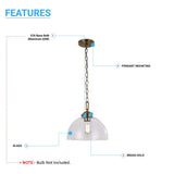 Dome Shape Brass Gold Pendant Light with Clear Glass Shade, E26 Base, UL Listed for Damp Location