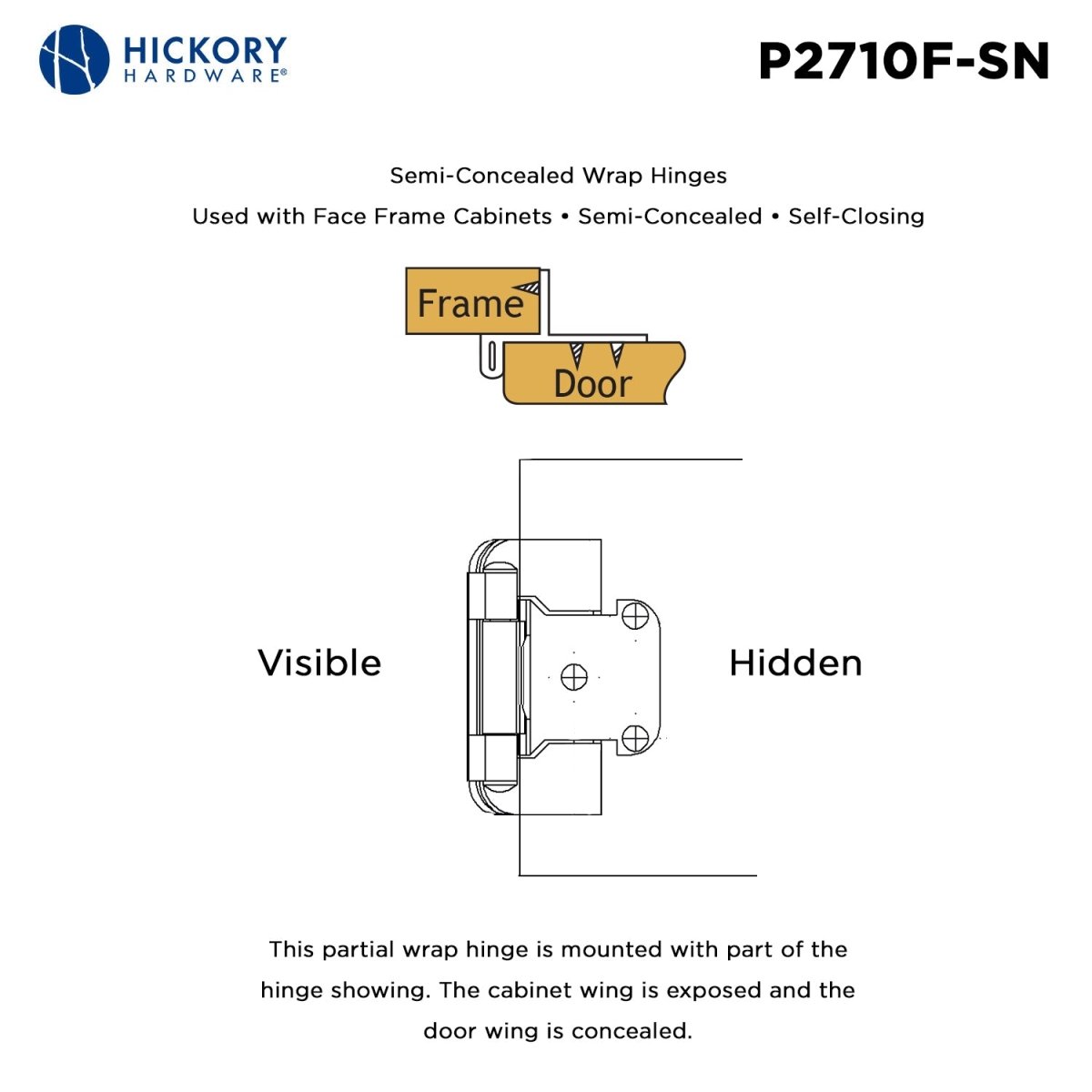 Door Hinge Semi-Concealed 1/2 Inch Overlay Face Frame Part Wrap Self-Close (2 Hinges/Per Pack) - Hickory Hardware