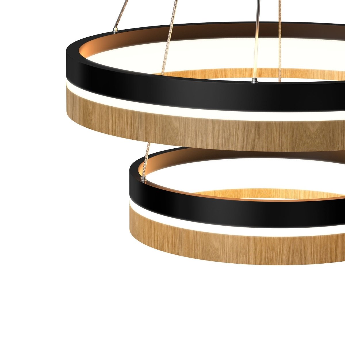 Double Circle Chandelier, 78W, 3000K, 1501 Lumens, Wooden + Matte Black Chandelier, Dimmable Pendant Fixture