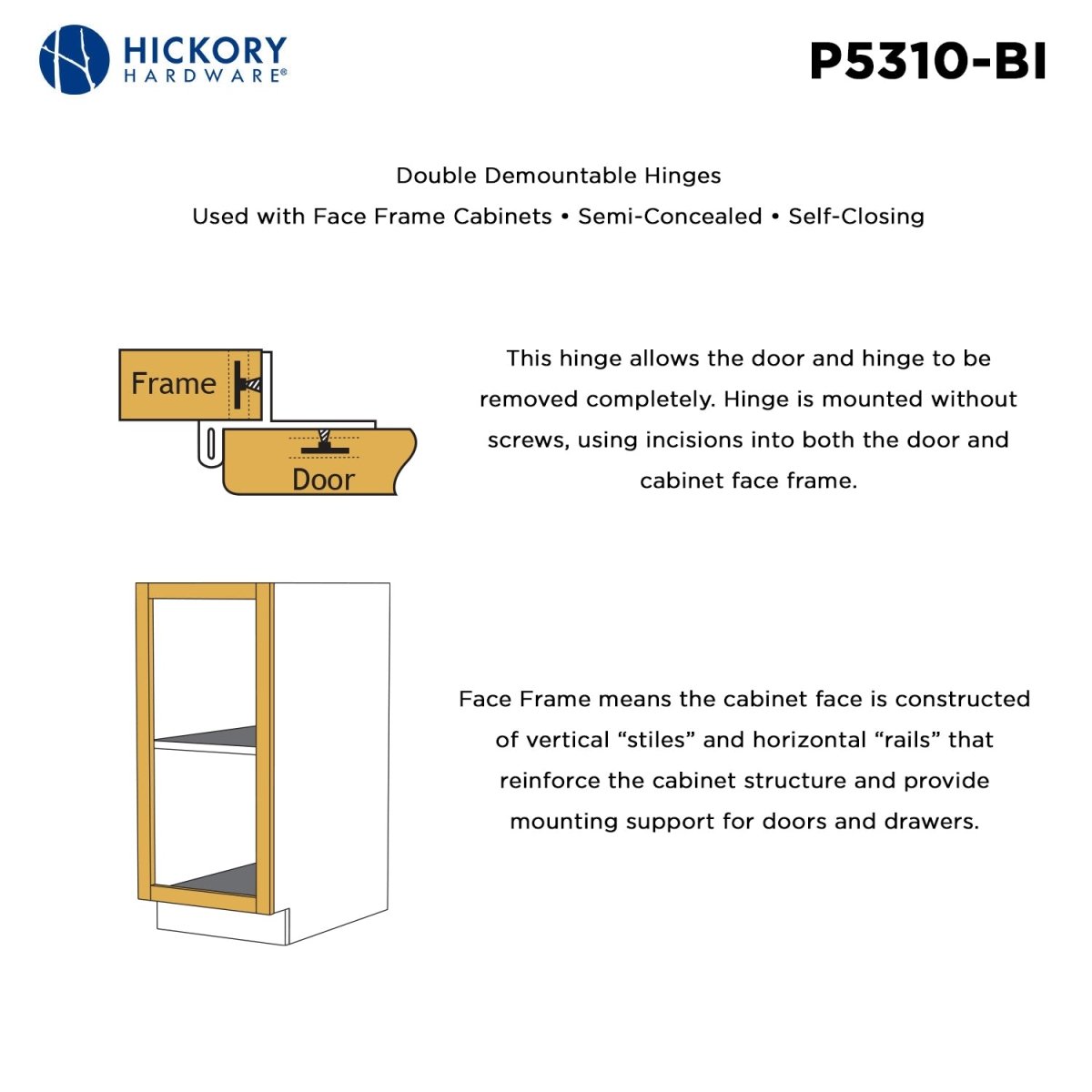 Double Demountable Hinges 1/2 Inch Overlay (2 Hinges/Per Pack) - Hickory Hardware