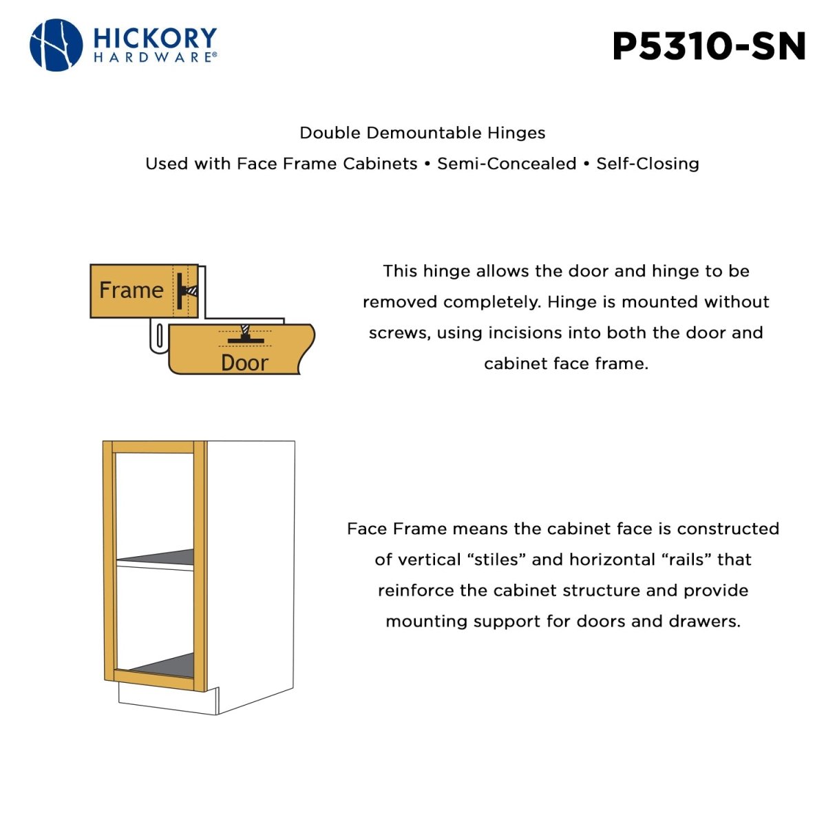 Double Demountable Hinges 1/2 Inch Overlay (2 Hinges/Per Pack) - Hickory Hardware