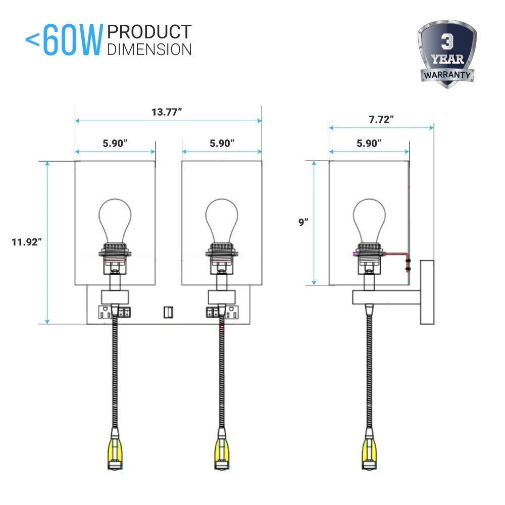 Double Head Acrylic Wall Sconce, Brushed Nickel Finish, With LED 2*1W, 1 USB, 2 Switches & 2 outlet, Bedside Wall Lights with Reading Lamp, for Bedroom Living Room Hotels