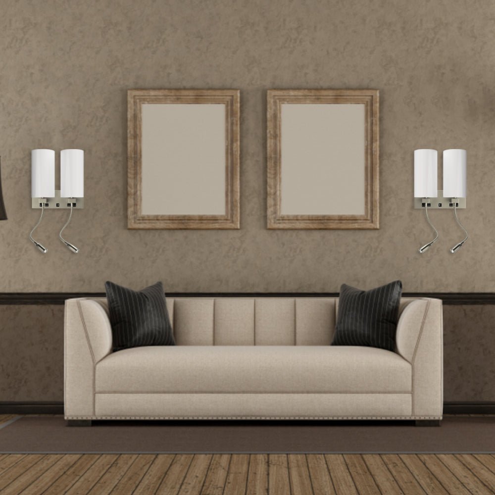Double Head Acrylic Wall Sconce, Brushed Nickel Finish, With LED 2*1W, 1 USB, 2 Switches & 2 outlet, Bedside Wall Lights with Reading Lamp, for Bedroom Living Room Hotels