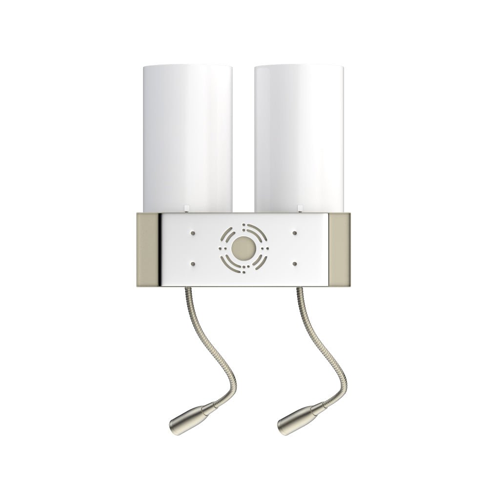 Double Head Acrylic Wall Sconce, Brushed Nickel Finish, With LED 2*1W, 1 USB, 2 Switches & 2 outlet, Bedside Wall Lights with Reading Lamp, for Bedroom Living Room Hotels