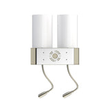 Double Head Acrylic Wall Sconce, Brushed Nickel Finish, With LED 2*1W, 1 USB, 2 Switches & 2 outlet, Bedside Wall Lights with Reading Lamp, for Bedroom Living Room Hotels