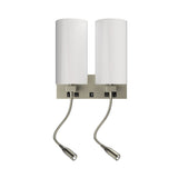 Double Head Acrylic Wall Sconce, Brushed Nickel Finish, With LED 2*1W, 1 USB, 2 Switches & 2 outlet, Bedside Wall Lights with Reading Lamp, for Bedroom Living Room Hotels