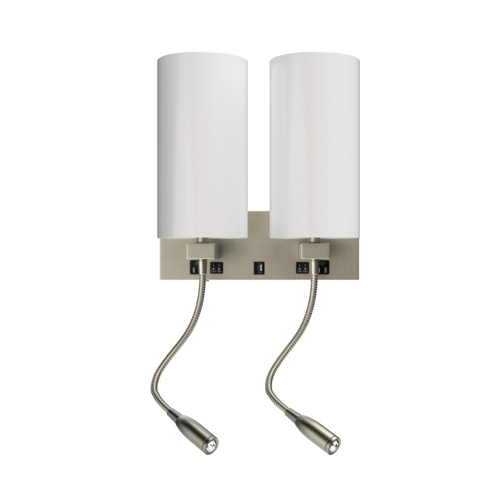 Double Head Acrylic Wall Sconce, Brushed Nickel Finish, With LED 2*1W, 1 USB, 2 Switches & 2 outlet, Bedside Wall Lights with Reading Lamp, for Bedroom Living Room Hotels