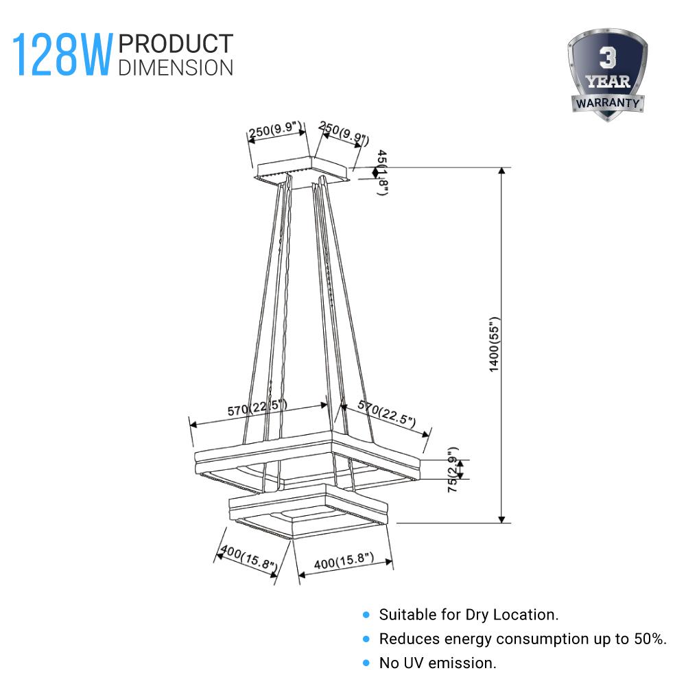 Double Square Chandeliers Light, 128W, 3000K (Warm White), 2461 Lumens, Dimmable Wooden + Matte Black Finish Chandelier