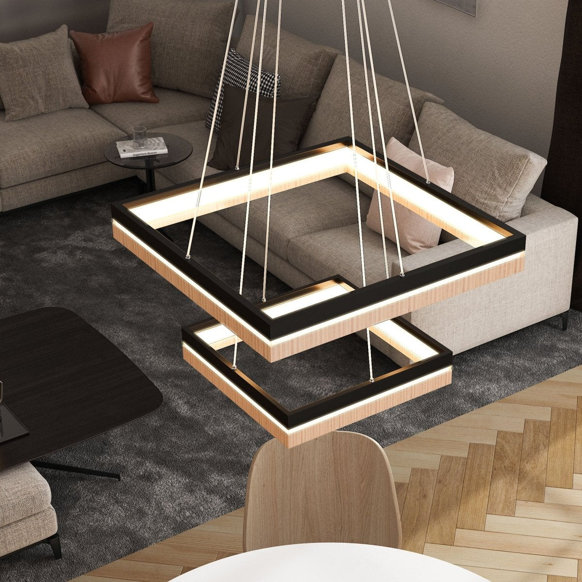 Double Square Chandeliers Light, 128W, 3000K (Warm White), 2461 Lumens, Dimmable Wooden + Matte Black Finish Chandelier