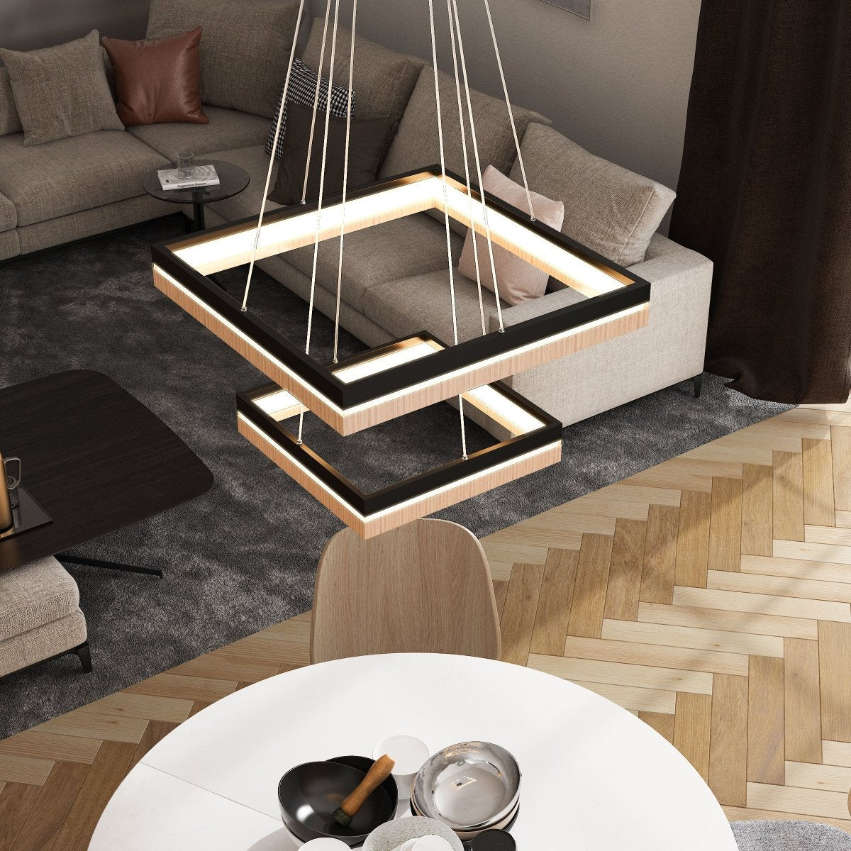 Double Square Chandeliers Light, 128W, 3000K (Warm White), 2461 Lumens, Dimmable Wooden + Matte Black Finish Chandelier