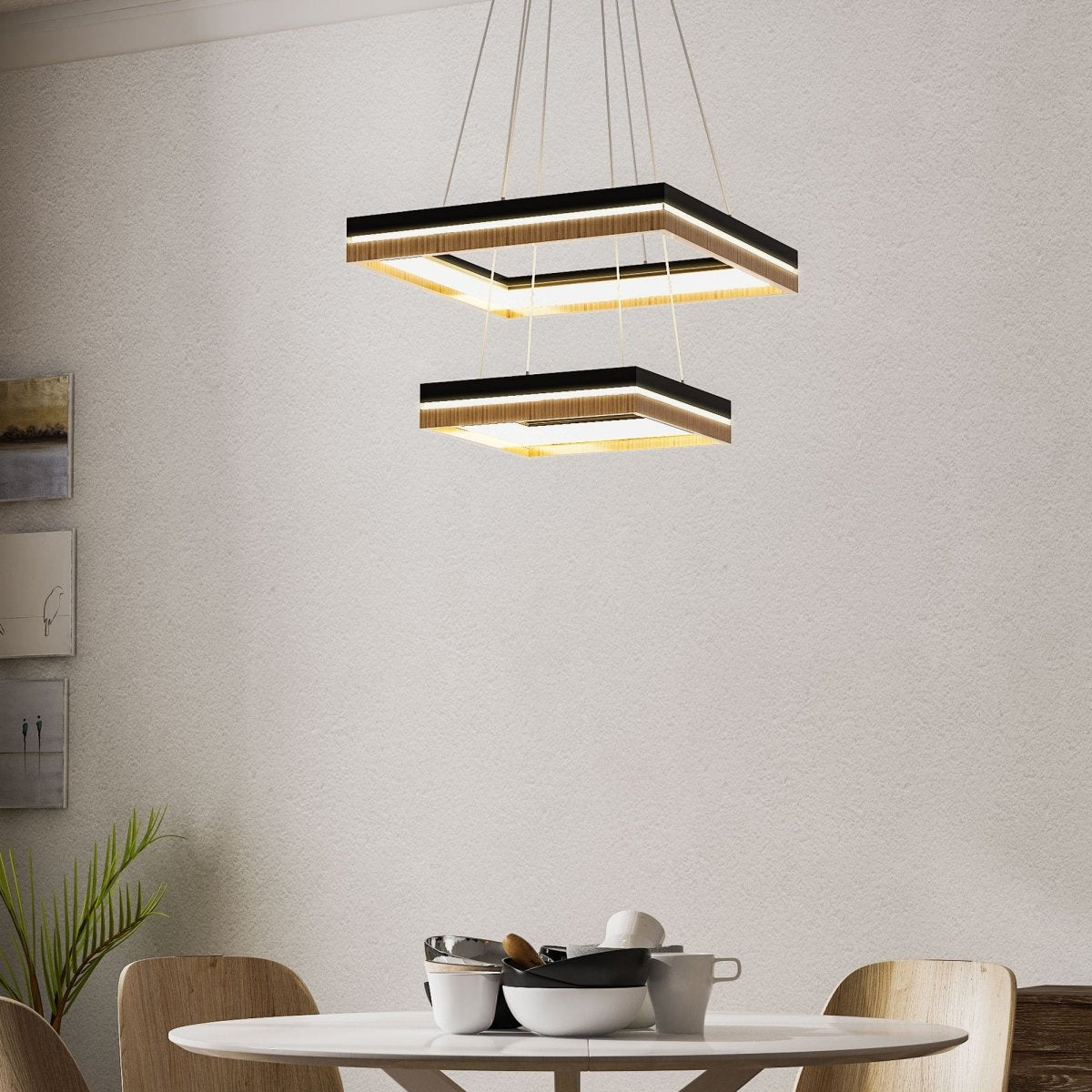 Double Square Chandeliers Light, 128W, 3000K (Warm White), 2461 Lumens, Dimmable Wooden + Matte Black Finish Chandelier