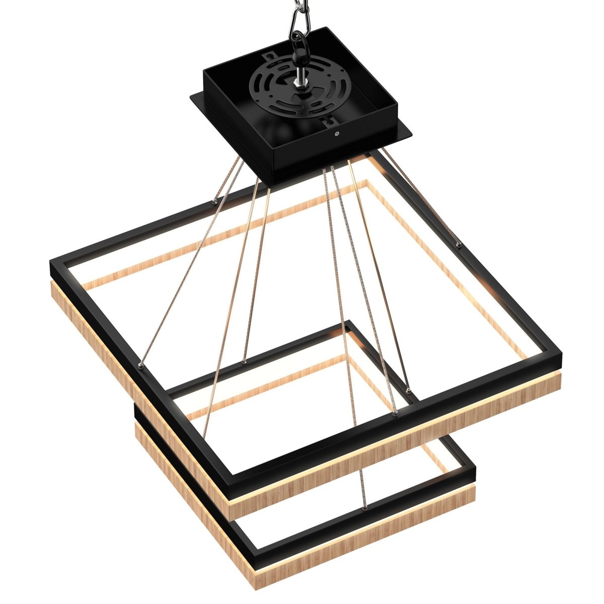 Double Square Chandeliers Light, 128W, 3000K (Warm White), 2461 Lumens, Dimmable Wooden + Matte Black Finish Chandelier