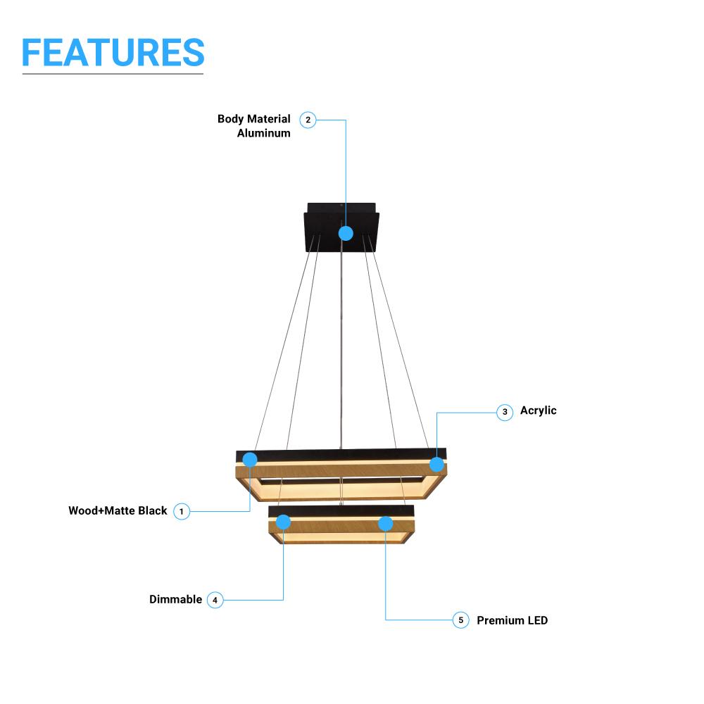 Double Square Chandeliers Light, 128W, 3000K (Warm White), 2461 Lumens, Dimmable Wooden + Matte Black Finish Chandelier
