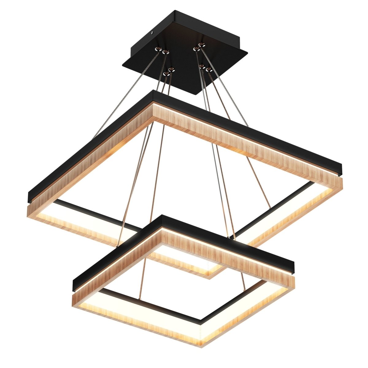 Double Square Chandeliers Light, 128W, 3000K (Warm White), 2461 Lumens, Dimmable Wooden + Matte Black Finish Chandelier
