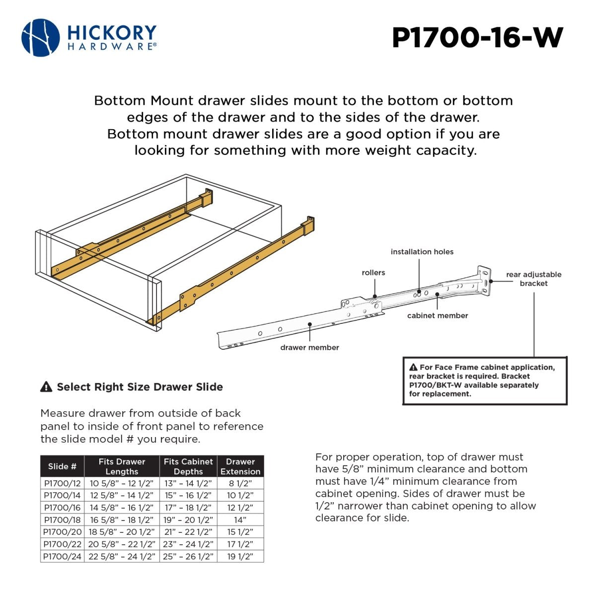 Drawer Slide Bottom Mount 3/4 Extension 12 Inch - Hickory Hardware